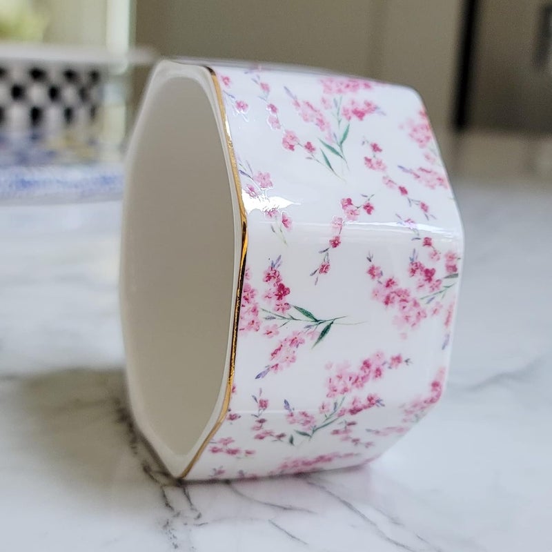 LEAZUL Ceramic Paper Clip Holder Gold Line Paper Clip Dispenser Organizer for Desk Cute Floral Pattern Office Binder Clip Holder Bobby Pin and Hair Clip Holder Gift for Office Pink Flowers - Image 3